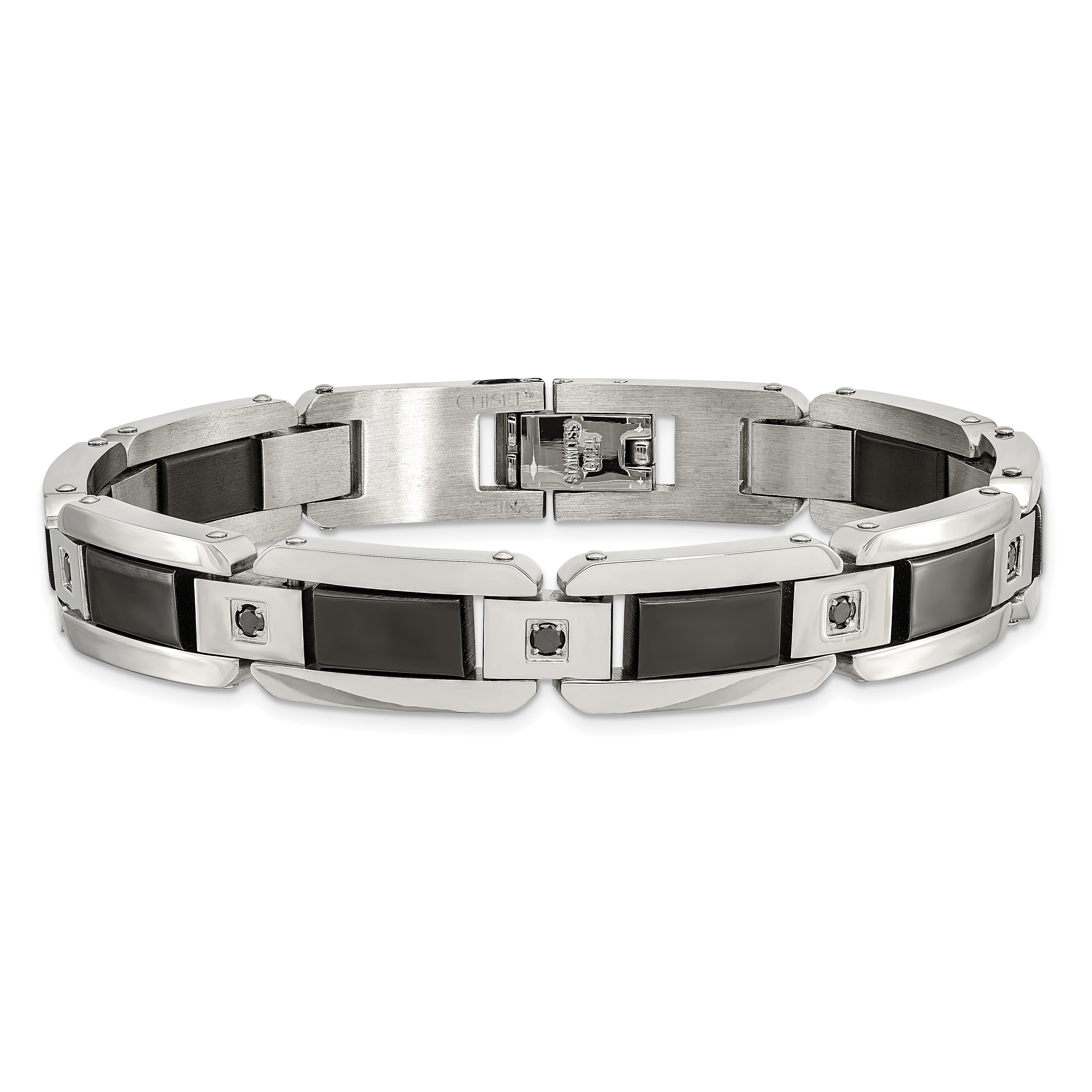 Edelstahl Chisel Poliert mit Schwarz Emaille und 1/2 Karat Diamant 8.75 Zoll Armband