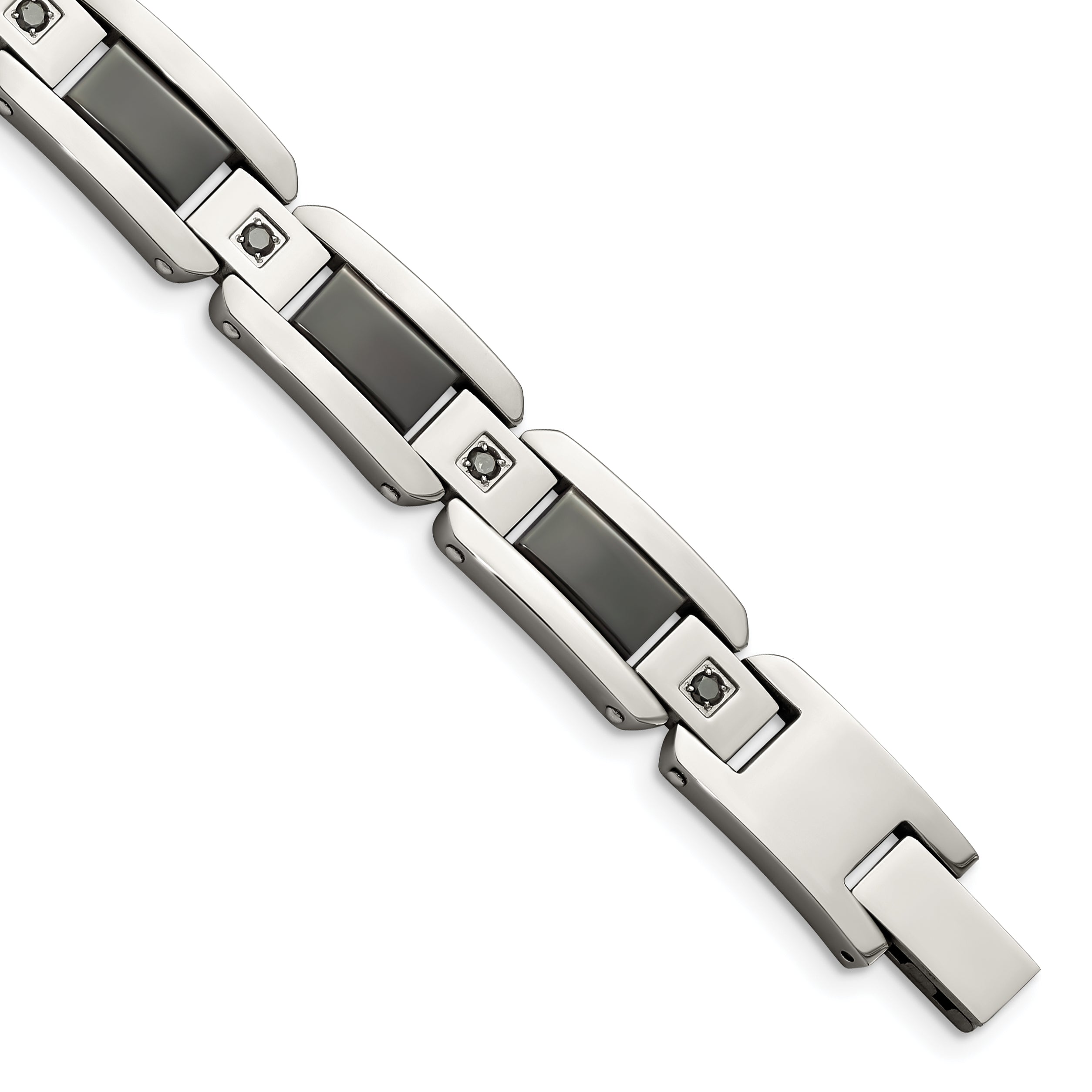 Edelstahl Chisel Poliert mit Schwarz Emaille und 1/2 Karat Diamant 8.75 Zoll Armband