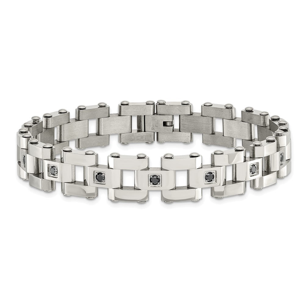 Edelstahl Chisel Poliert mit 1 Karat Schwarz Diamant 8.5 Zoll Armband
