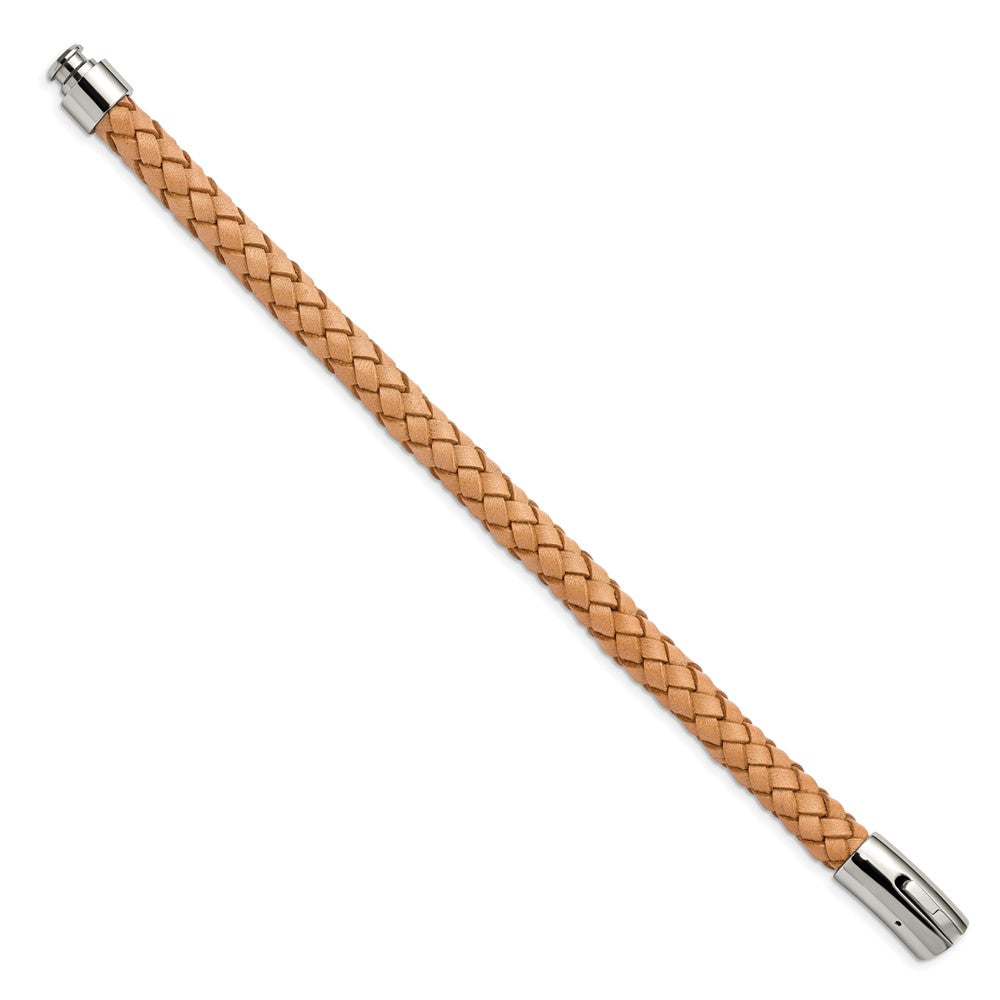 Edelstahl Chisel Poliert Licht Tan Geflochten Leder 8.5 Zoll Armband