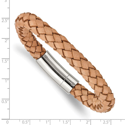 Edelstahl Chisel Poliert Licht Tan Geflochten Leder 8.5 Zoll Armband