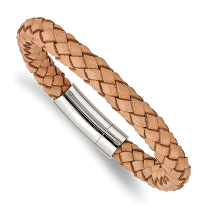 Edelstahl Chisel Poliert Licht Tan Geflochten Leder 8.5 Zoll Armband