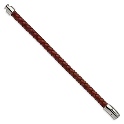 Edelstahl Chisel Poliert Braun Geflochten Leder 8.5 Zoll Armband