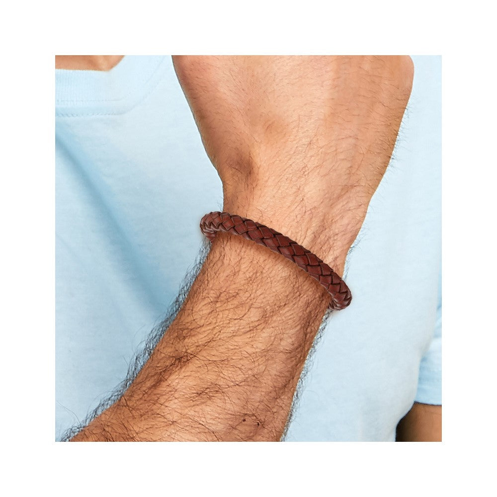 Edelstahl Chisel Poliert Braun Geflochten Leder 8.5 Zoll Armband