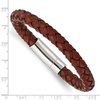 Edelstahl Chisel Poliert Braun Geflochten Leder 8.5 Zoll Armband