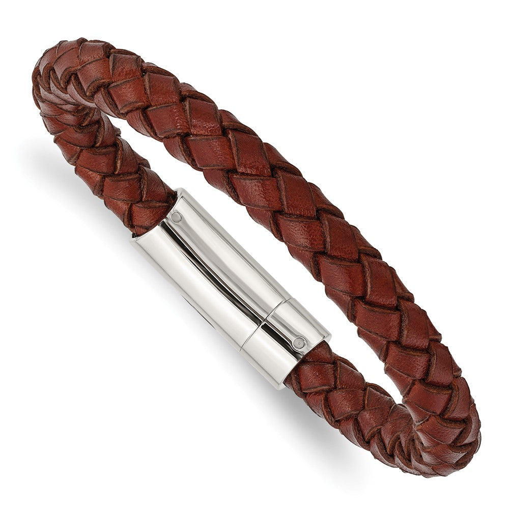 Edelstahl Chisel Poliert Braun Geflochten Leder 8.5 Zoll Armband