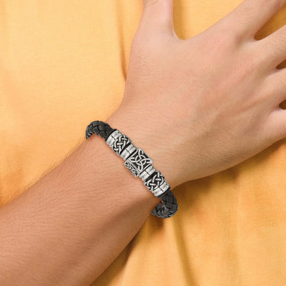 Edelstahl Chisel Antikisiert und Poliert Schwarz Geflochten Leder 8.5 Zoll Armband