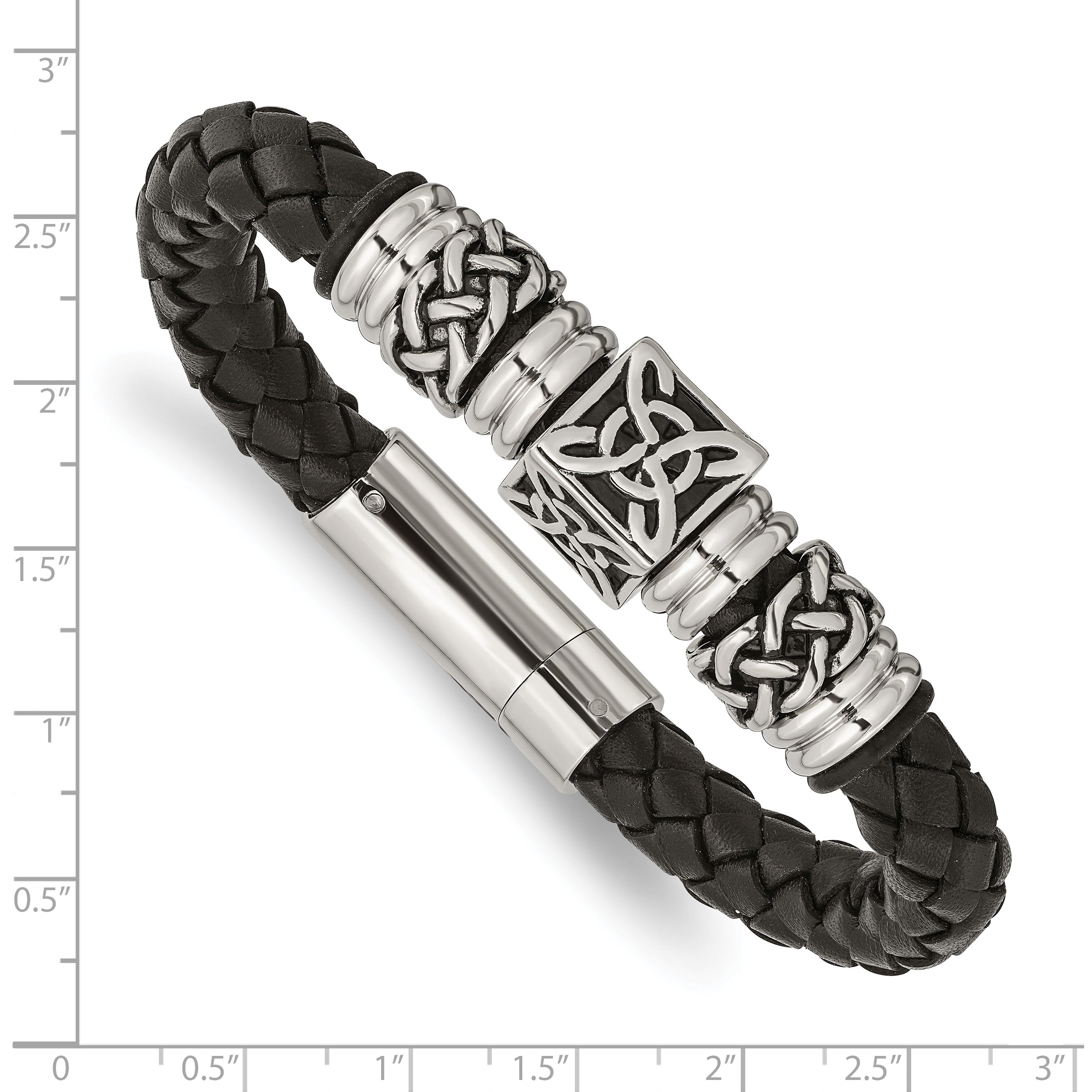 Edelstahl Chisel Antikisiert und Poliert Schwarz Geflochten Leder 8.5 Zoll Armband