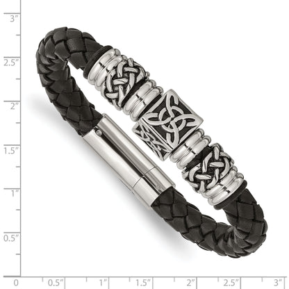 Edelstahl Chisel Antikisiert und Poliert Schwarz Geflochten Leder 8.5 Zoll Armband