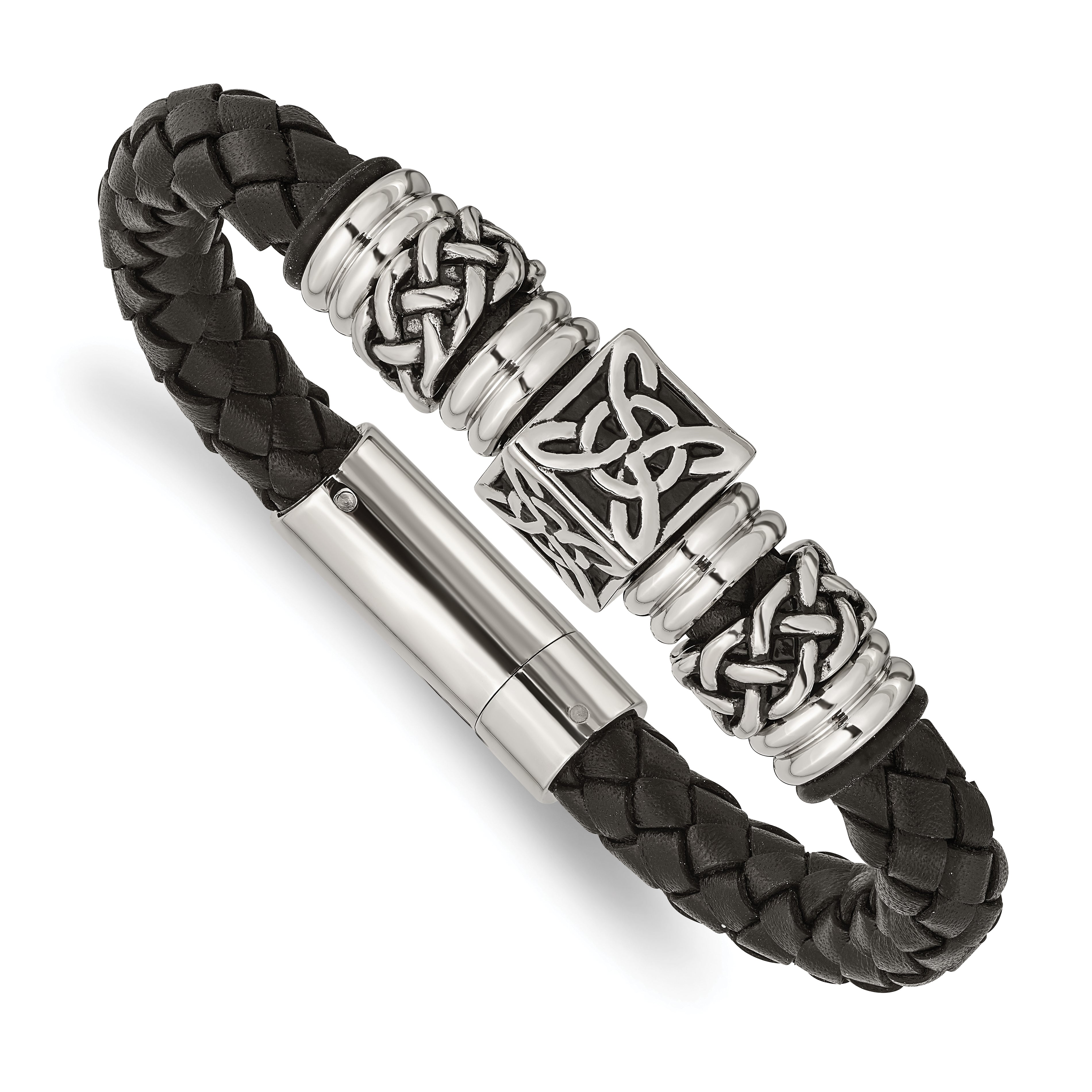 Edelstahl Chisel Antikisiert und Poliert Schwarz Geflochten Leder 8.5 Zoll Armband