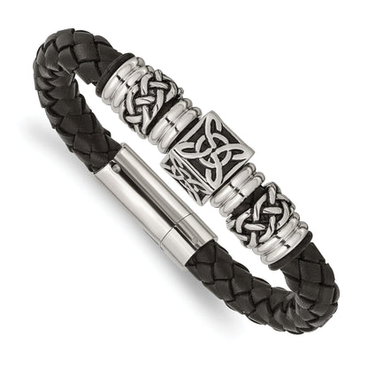 Edelstahl Chisel Antikisiert und Poliert Schwarz Geflochten Leder 8.5 Zoll Armband