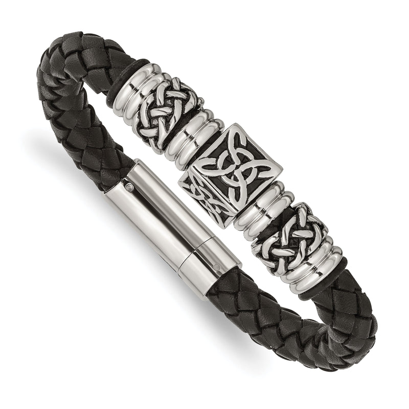 Edelstahl Chisel Antikisiert und Poliert Schwarz Geflochten Leder 8.5 Zoll Armband