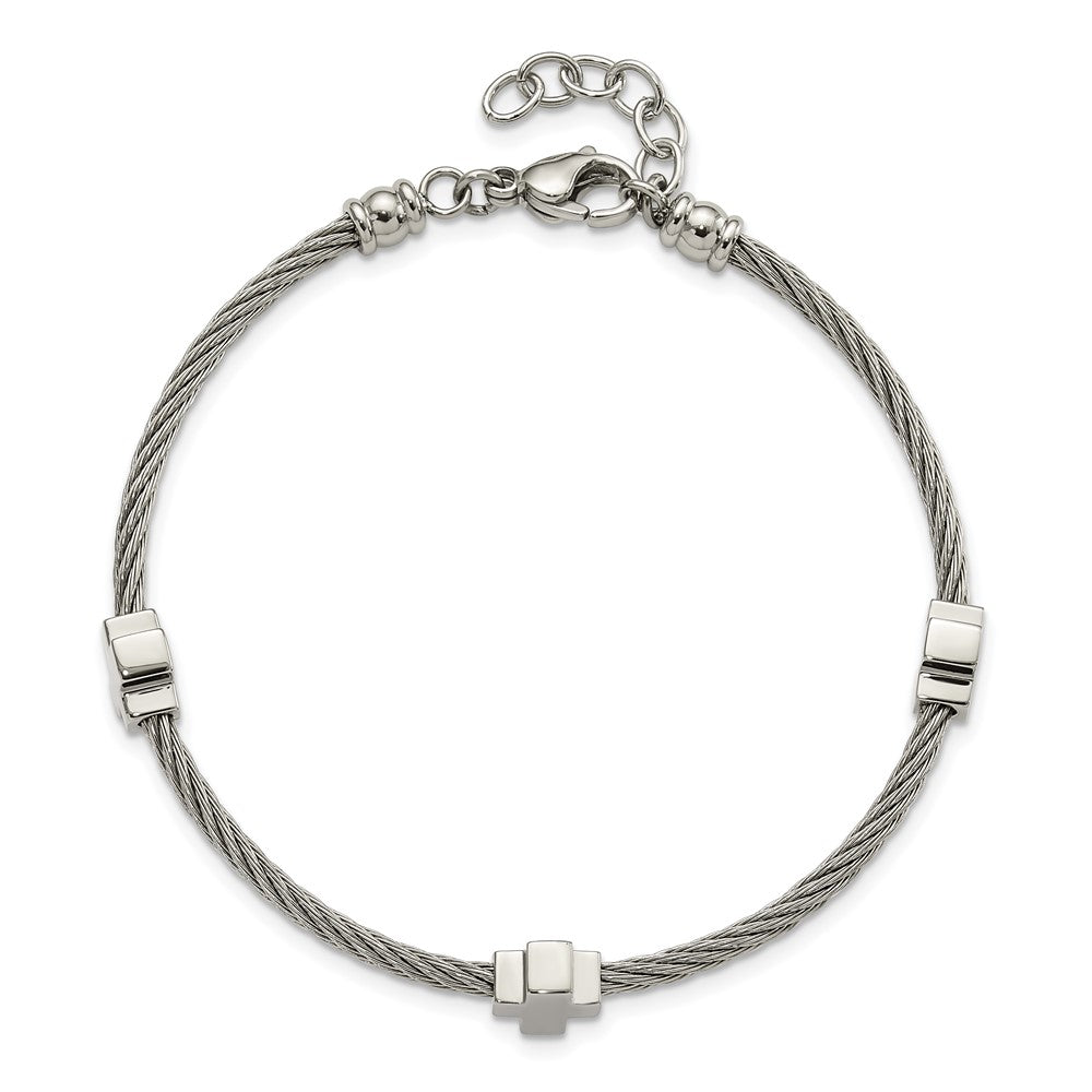 Edelstahl Chisel Poliert Crosses auf Gedreht Draht 7.5 Zoll Armband Mit.75 Verlängerung