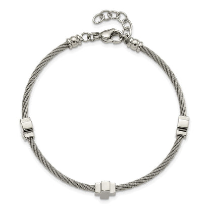 Edelstahl Chisel Poliert Crosses auf Gedreht Draht 7.5 Zoll Armband Mit.75 Verlängerung