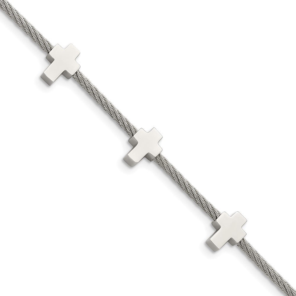 Edelstahl Chisel Poliert Crosses auf Gedreht Draht 7.5 Zoll Armband Mit.75 Verlängerung