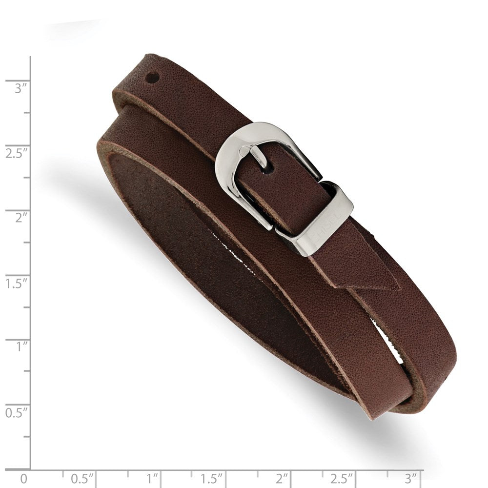 Edelstahl Chisel Poliert Braun Leder 8.5 Zoll Verstellbar Wickel Armband