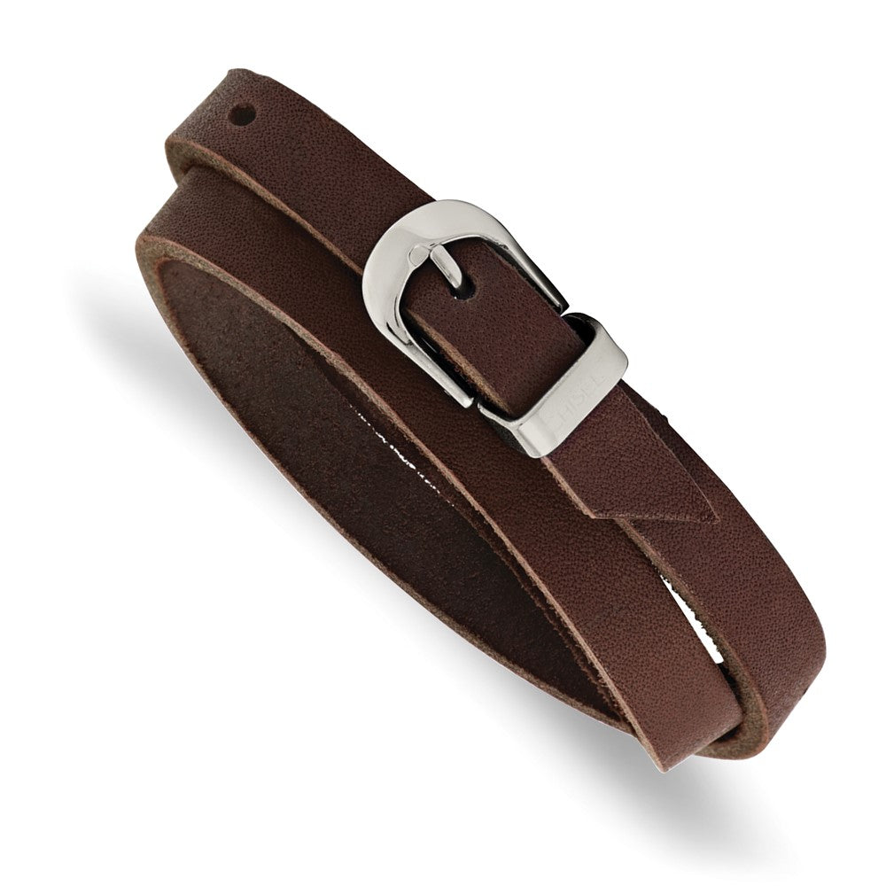 Edelstahl Chisel Poliert Braun Leder 8.5 Zoll Verstellbar Wickel Armband