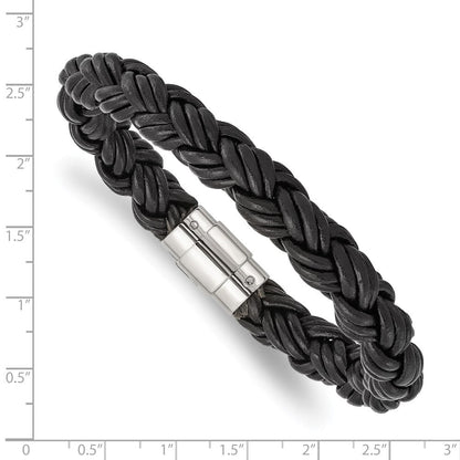 Edelstahl Chisel Poliert Gedreht Schwarz Geflochten Leder 8.5 Zoll Armband