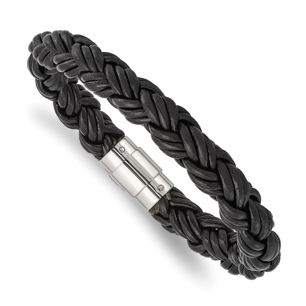 Edelstahl Chisel Poliert Gedreht Schwarz Geflochten Leder 8.5 Zoll Armband