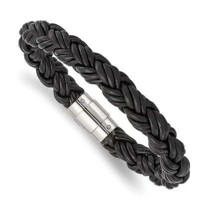 Edelstahl Chisel Poliert Gedreht Schwarz Geflochten Leder 8.5 Zoll Armband