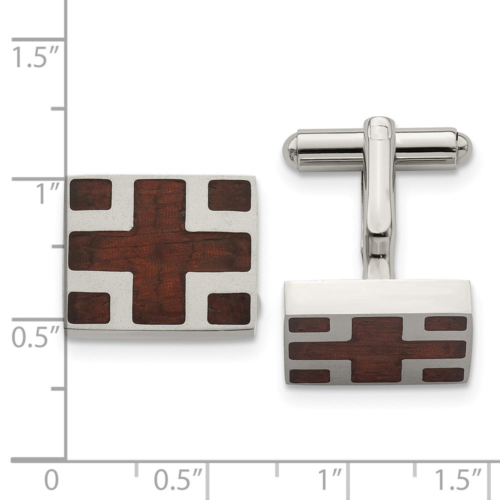 Edelstahl Chisel Poliert mit Cherry Wood Einlage Kreuz Design Quadratisch Manschettenknöpfe