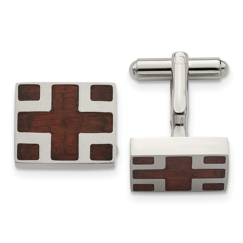 Edelstahl Chisel Poliert mit Cherry Wood Einlage Kreuz Design Quadratisch Manschettenknöpfe