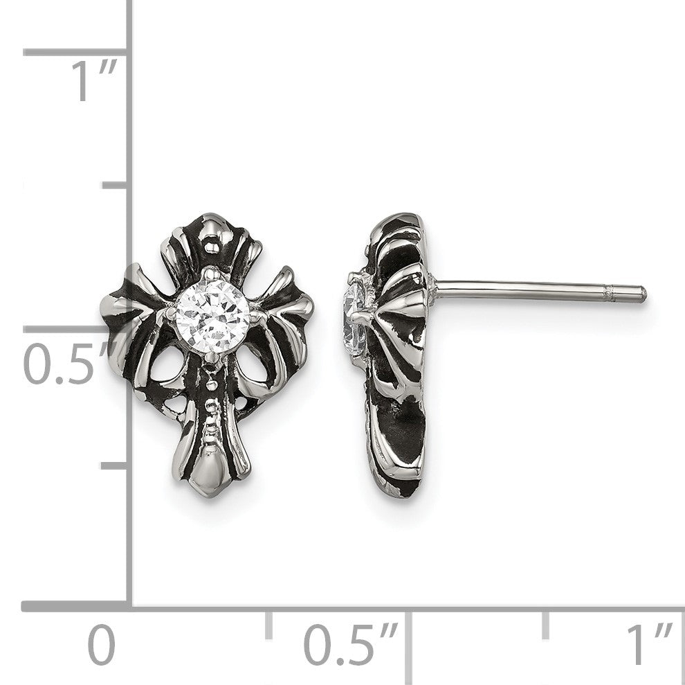 Edelstahl Chisel Antikisiert und Poliert mit Zirkonia Kreuz Ohrstecker
