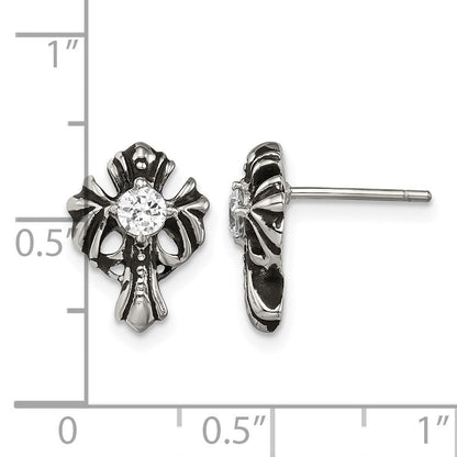 Edelstahl Chisel Antikisiert und Poliert mit Zirkonia Kreuz Ohrstecker