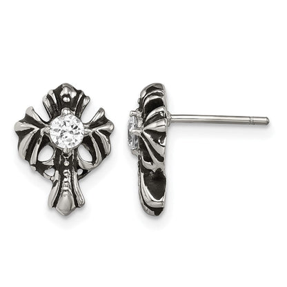 Edelstahl Chisel Antikisiert und Poliert mit Zirkonia Kreuz Ohrstecker