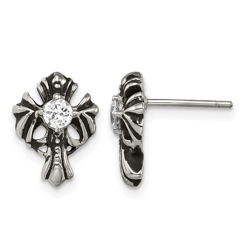 Edelstahl Chisel Antikisiert und Poliert mit Zirkonia Kreuz Ohrstecker