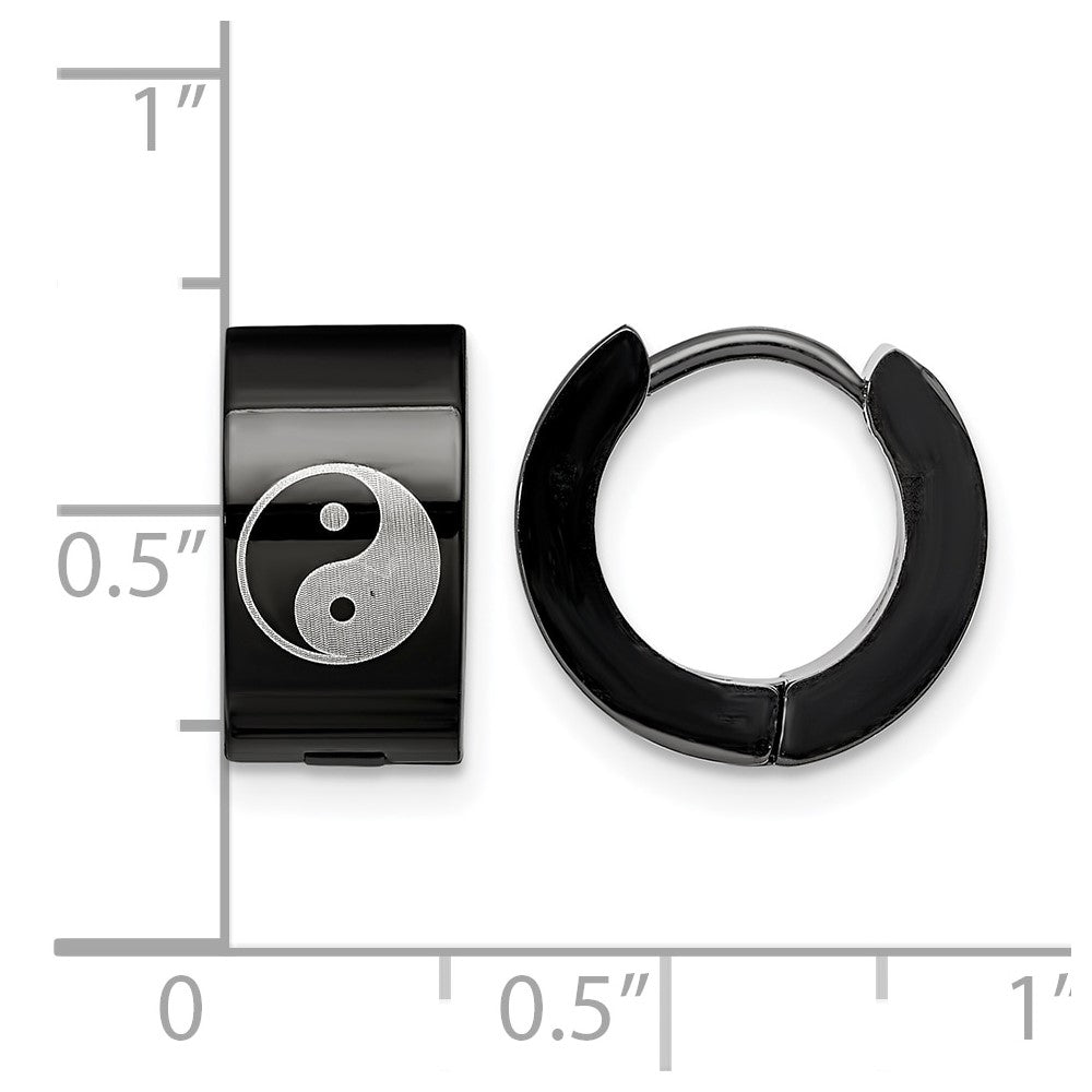 Edelstahl Chisel Poliert Schwarz Ip-beschichtet 7mm Klappbar Creole mit Yin Yang Ohrringe