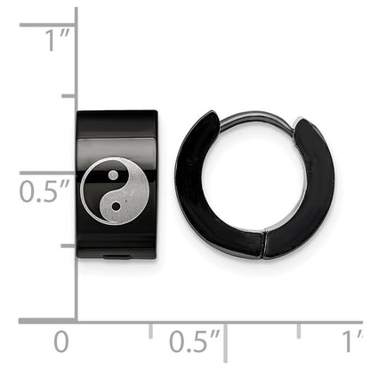 Edelstahl Chisel Poliert Schwarz Ip-beschichtet 7mm Klappbar Creole mit Yin Yang Ohrringe