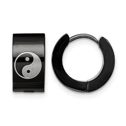 Edelstahl Chisel Poliert Schwarz Ip-beschichtet 7mm Klappbar Creole mit Yin Yang Ohrringe
