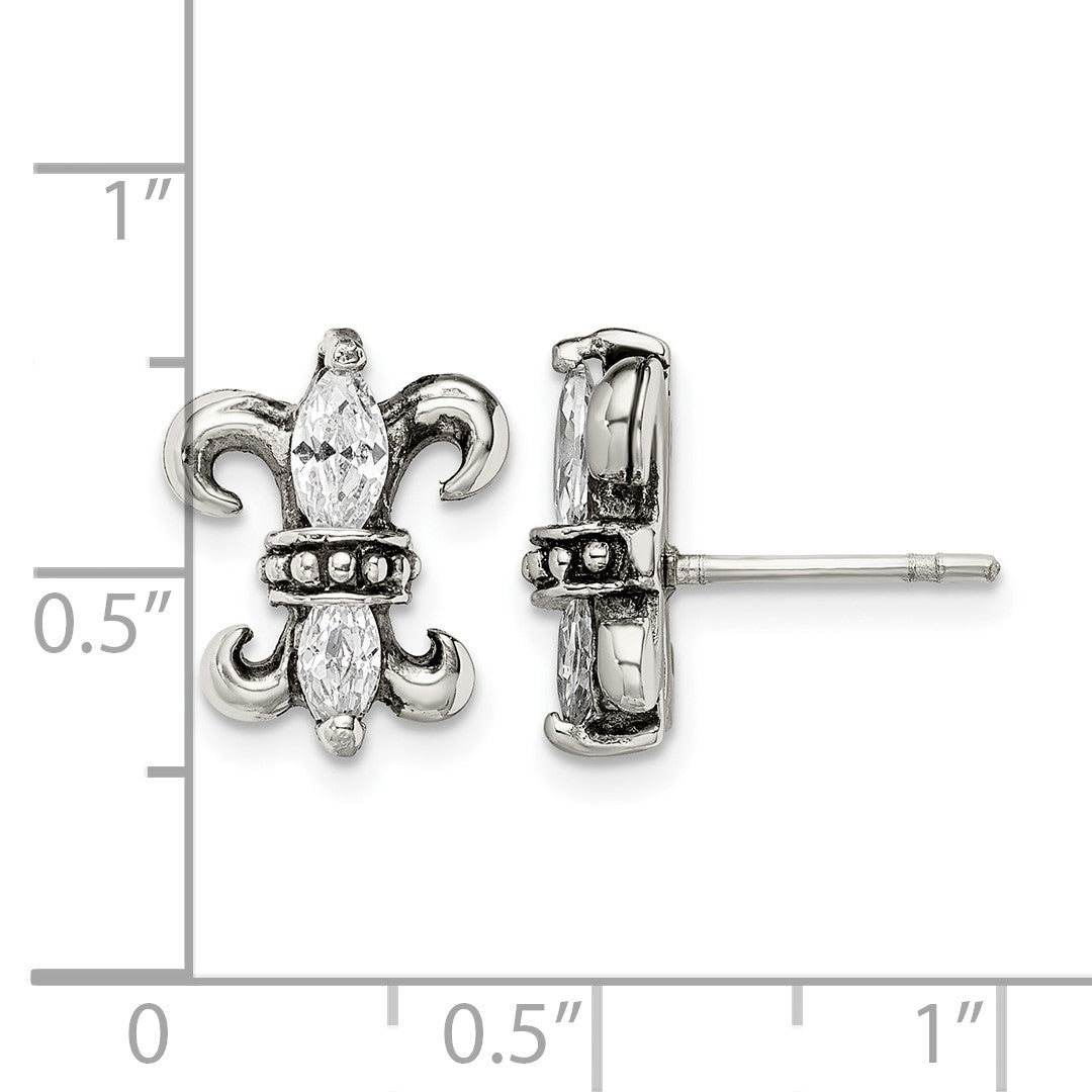 Edelstahl Antikisiert Poliert & Strukturiert mit Zirkonia Fleur De Lis Stecker Ohrring