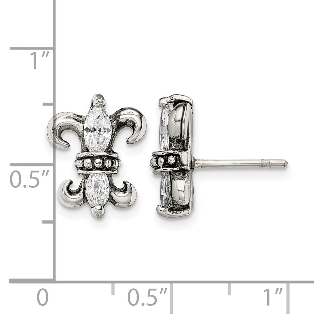 Edelstahl Antikisiert Poliert & Strukturiert mit Zirkonia Fleur De Lis Stecker Ohrring