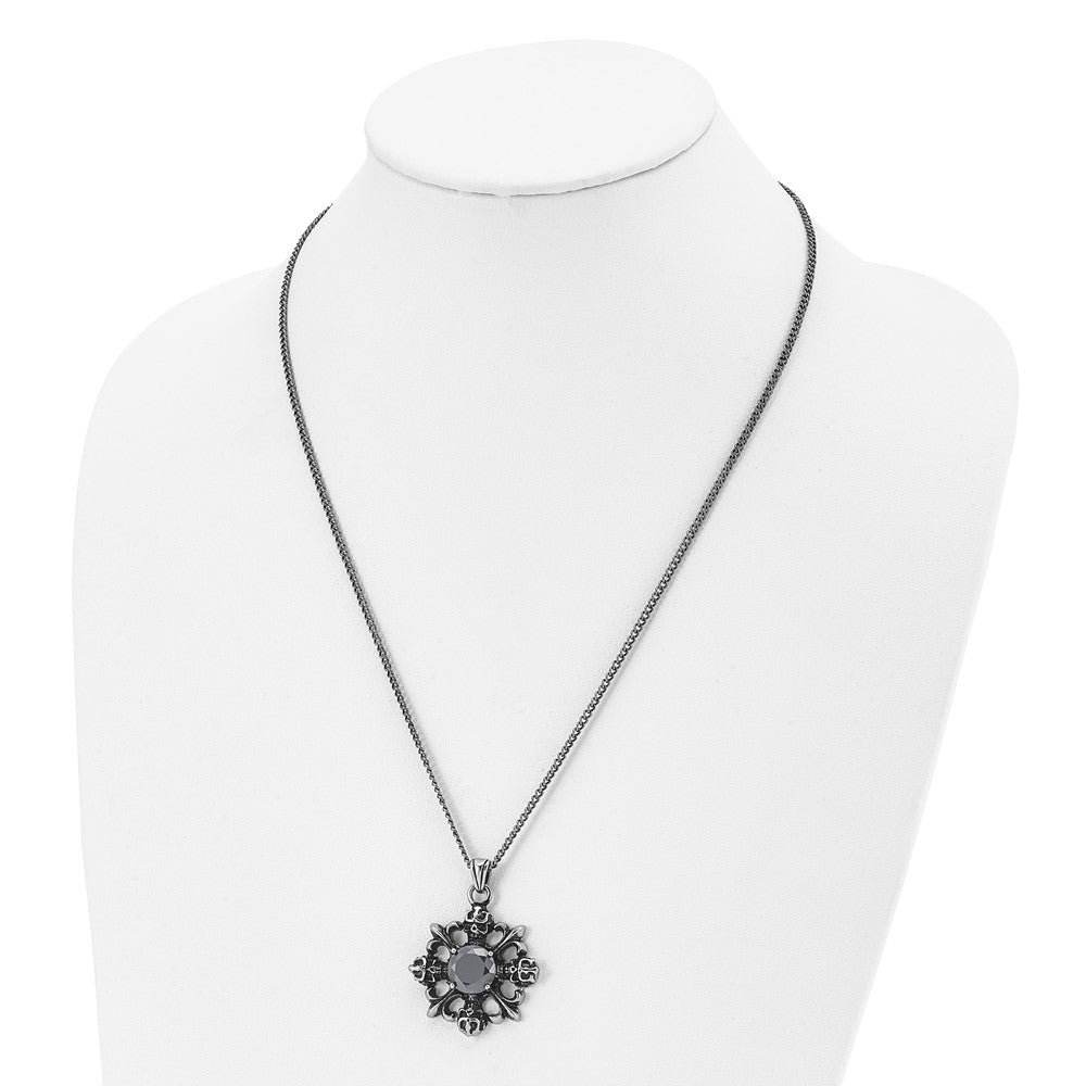Edelstahl Antikisiert & Poliert mit Schwarz Zirkonia Skulls Fleur De Lis Neckla