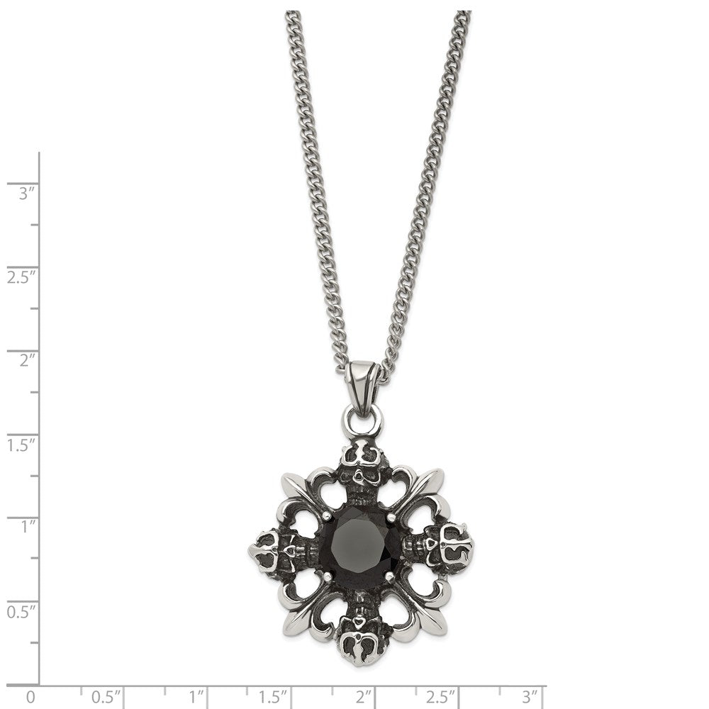 Edelstahl Antikisiert & Poliert mit Schwarz Zirkonia Skulls Fleur De Lis Neckla
