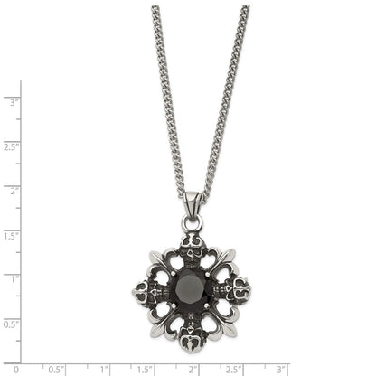 Edelstahl Antikisiert & Poliert mit Schwarz Zirkonia Skulls Fleur De Lis Neckla