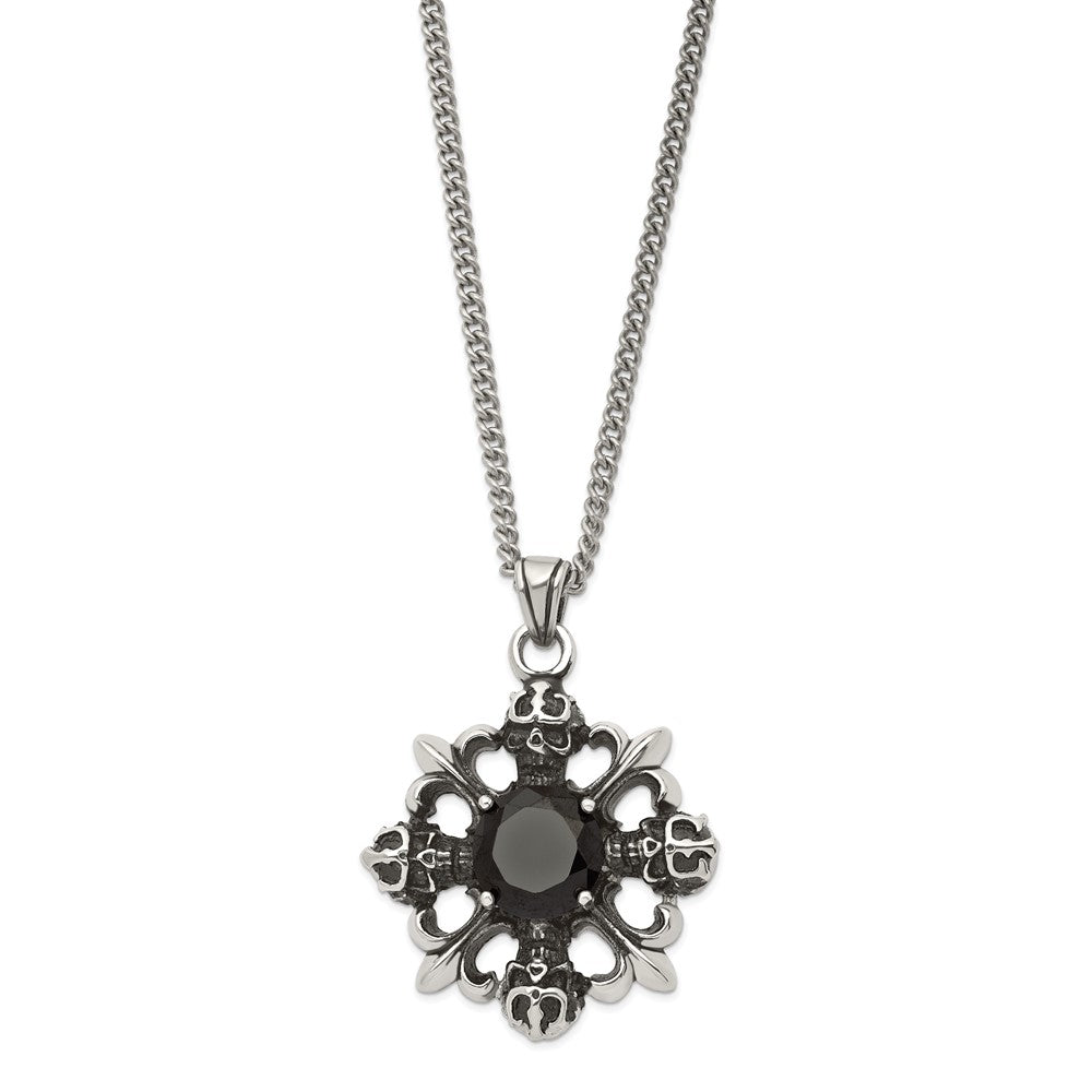 Edelstahl Antikisiert & Poliert mit Schwarz Zirkonia Skulls Fleur De Lis Neckla