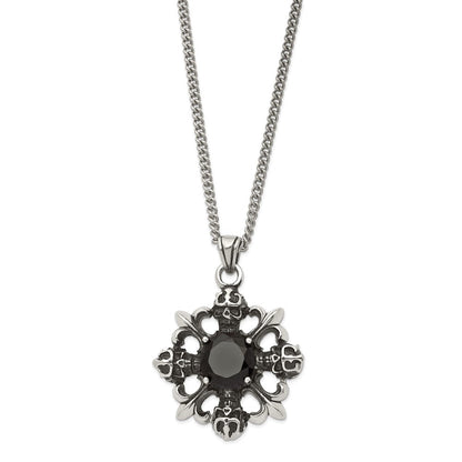 Edelstahl Antikisiert & Poliert mit Schwarz Zirkonia Skulls Fleur De Lis Neckla