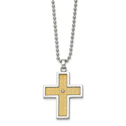 Edelstahl Chisel Poliert mit 14K Gold Akzente.01 Karat Diamant Kreuz Anhänger auf A 22 Zoll Kugel Halskette