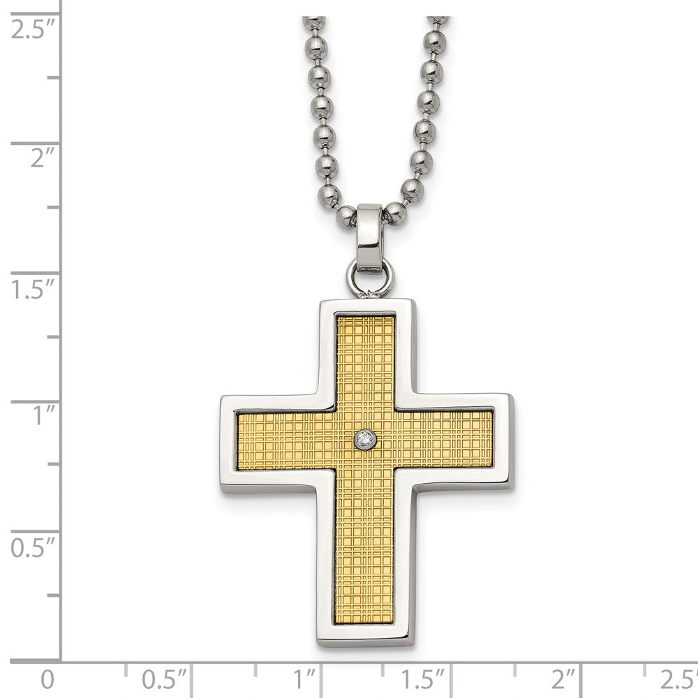 Edelstahl Chisel Poliert mit 14K Gold Akzente.01 Karat Diamant Kreuz Anhänger auf A 22 Zoll Kugel Halskette