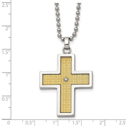 Edelstahl Chisel Poliert mit 14K Gold Akzente.01 Karat Diamant Kreuz Anhänger auf A 22 Zoll Kugel Halskette