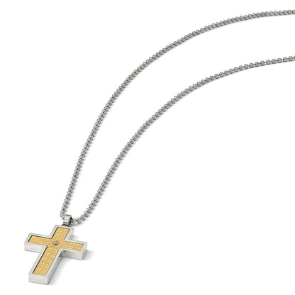 Edelstahl Chisel Poliert mit 14K Gold Akzente.01 Karat Diamant Kreuz Anhänger auf A 22 Zoll Kugel Halskette