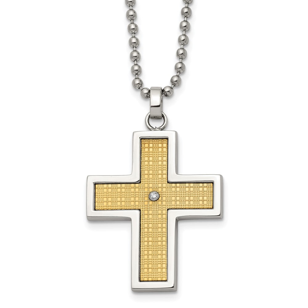Edelstahl Chisel Poliert mit 14K Gold Akzente.01 Karat Diamant Kreuz Anhänger auf A 22 Zoll Kugel Halskette