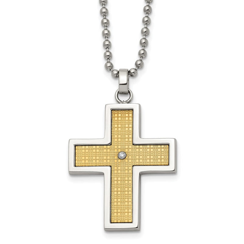 Edelstahl Chisel Poliert mit 14K Gold Akzente.01 Karat Diamant Kreuz Anhänger auf A 22 Zoll Kugel Halskette