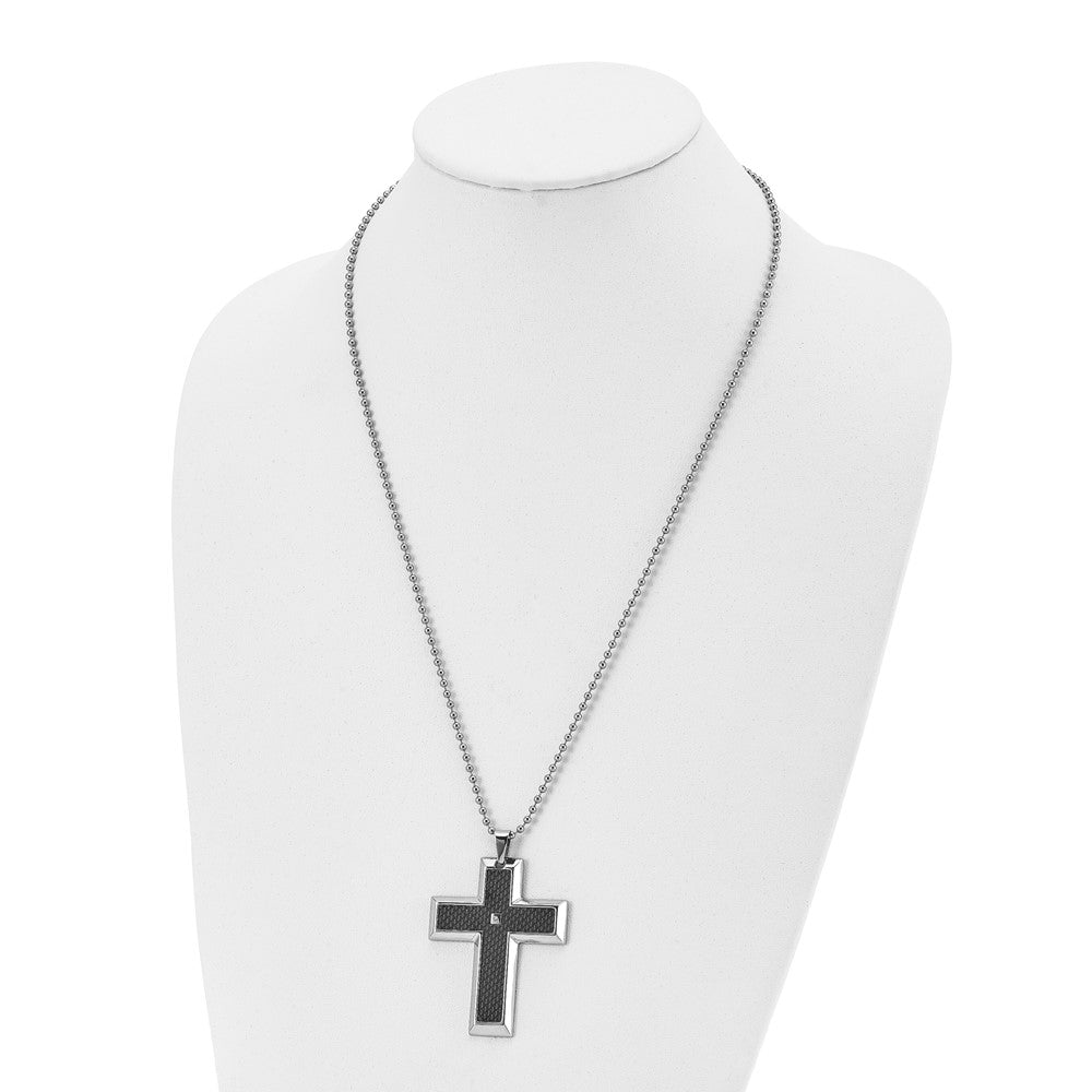 Edelstahl Chisel Poliert mit Schwarz Karbon Faser Einlage.0.1 Karat Diamant Kreuz Anhänger auf A 24 Zoll Kugel Halskette