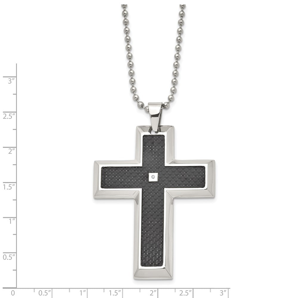 Edelstahl Chisel Poliert mit Schwarz Karbon Faser Einlage.0.1 Karat Diamant Kreuz Anhänger auf A 24 Zoll Kugel Halskette