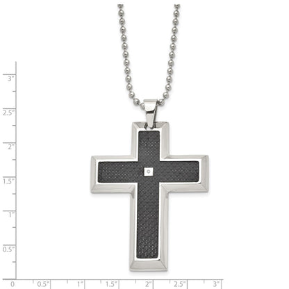 Edelstahl Chisel Poliert mit Schwarz Karbon Faser Einlage.0.1 Karat Diamant Kreuz Anhänger auf A 24 Zoll Kugel Halskette