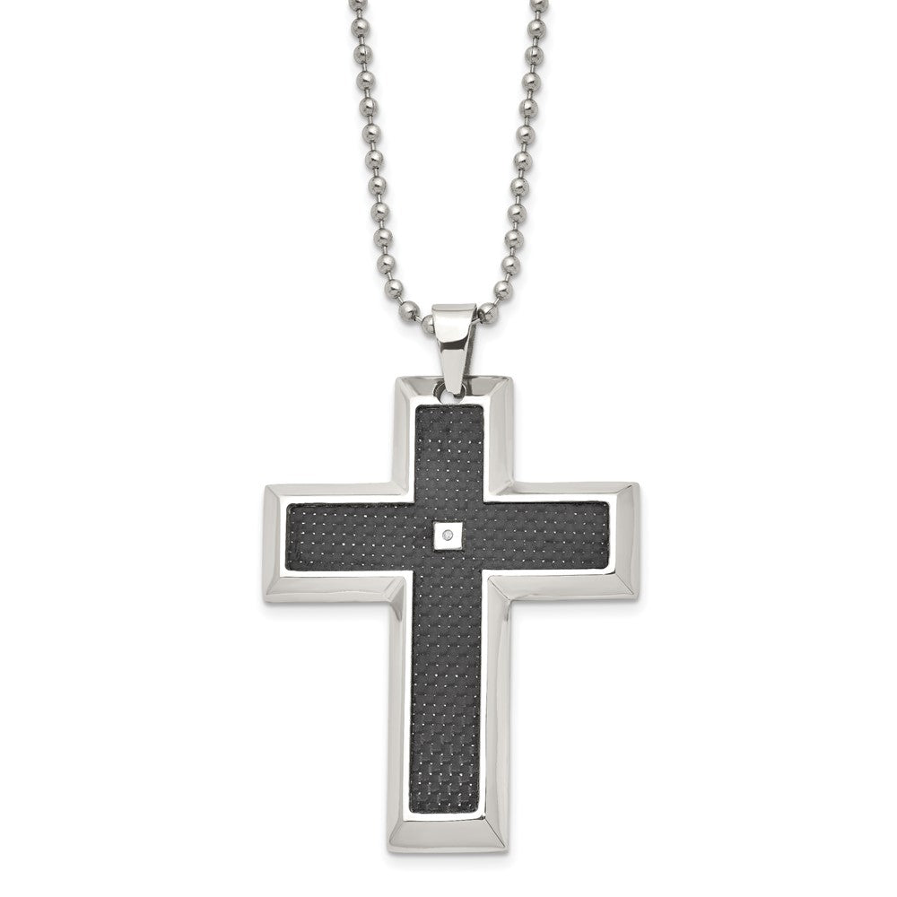 Edelstahl Chisel Poliert mit Schwarz Karbon Faser Einlage.0.1 Karat Diamant Kreuz Anhänger auf A 24 Zoll Kugel Halskette